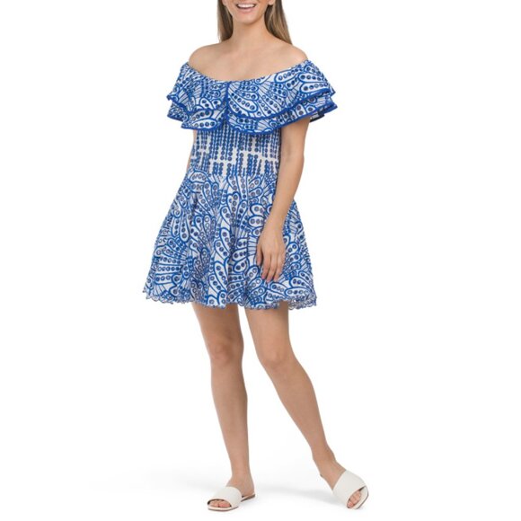 DALIA MACPHEE cobalt blue Off The Shoulder Eyelet Mini Dress With Piping Detail - Picture 1 of 2
